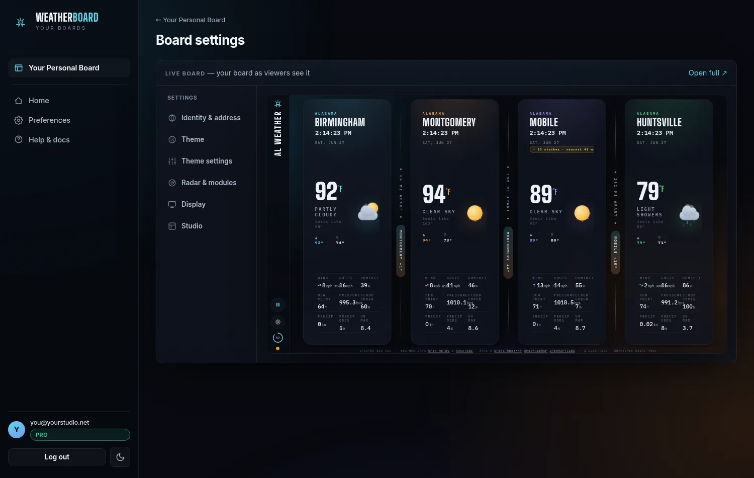 Board settings page with a live what-you-see-is-what-airs board preview.