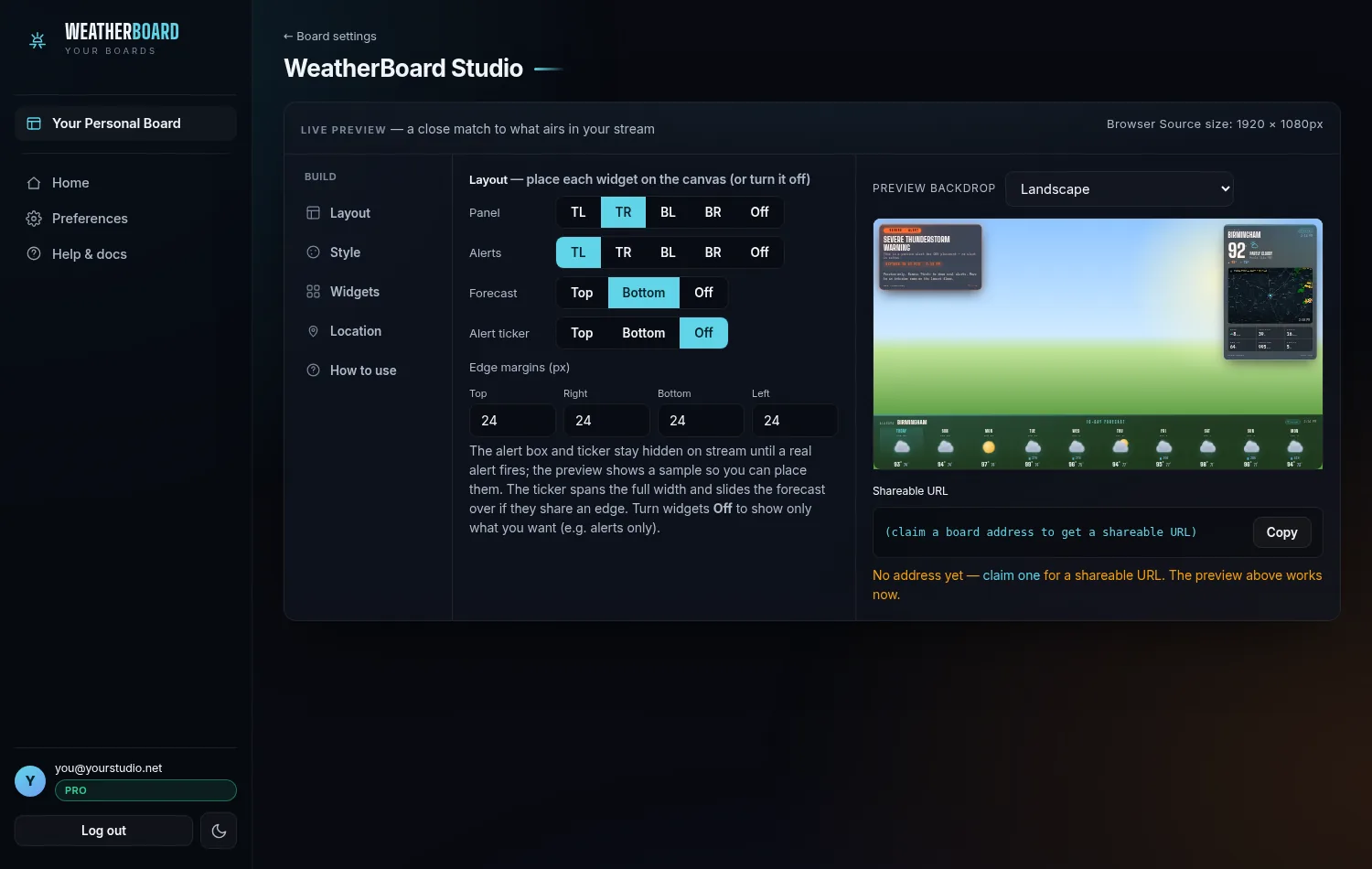 WeatherBoard Studio overlay builder with a live transparent stream preview.